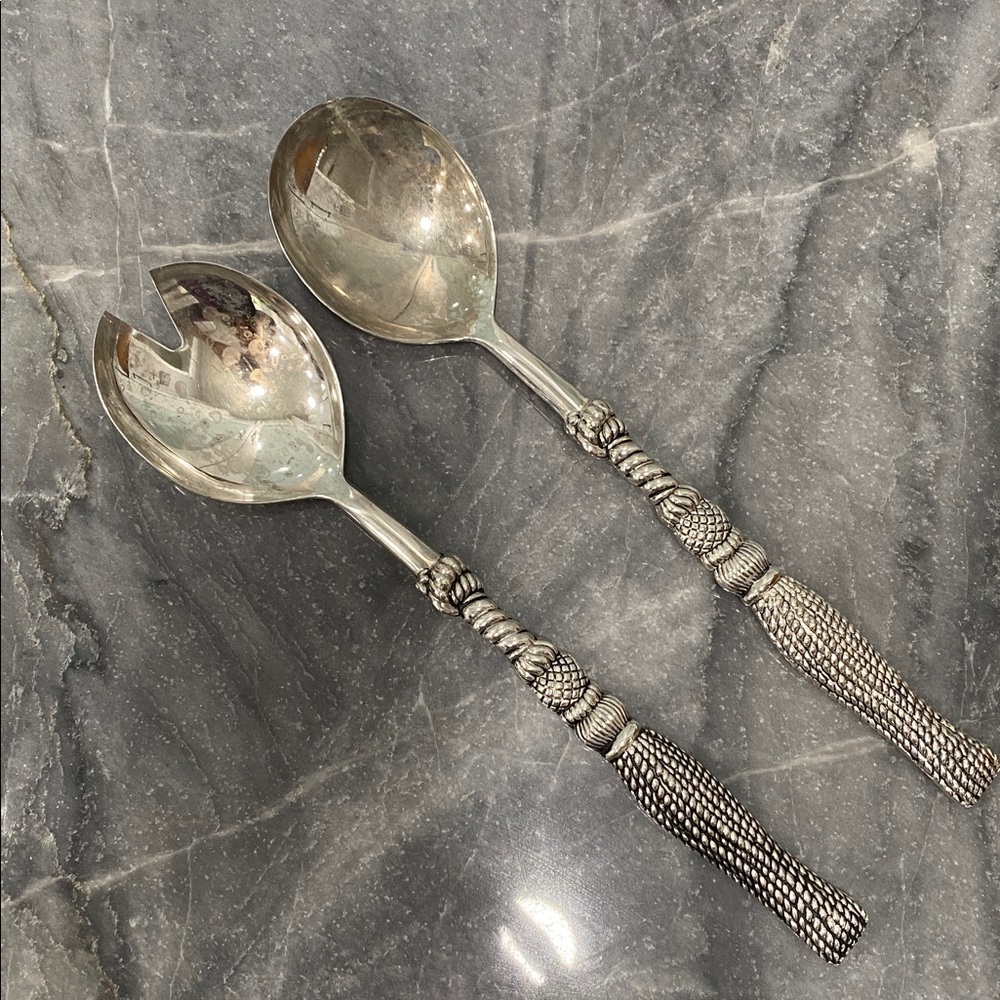 Silver Textured Handle Serving Utensil Set by Silea Silver. 10.75” Long.